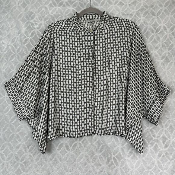Bryn Walker Joe Shirt Medium Gray Geometric Charmeuse Boxy Crop Dolman Lagenlook - Picture 3 of 10